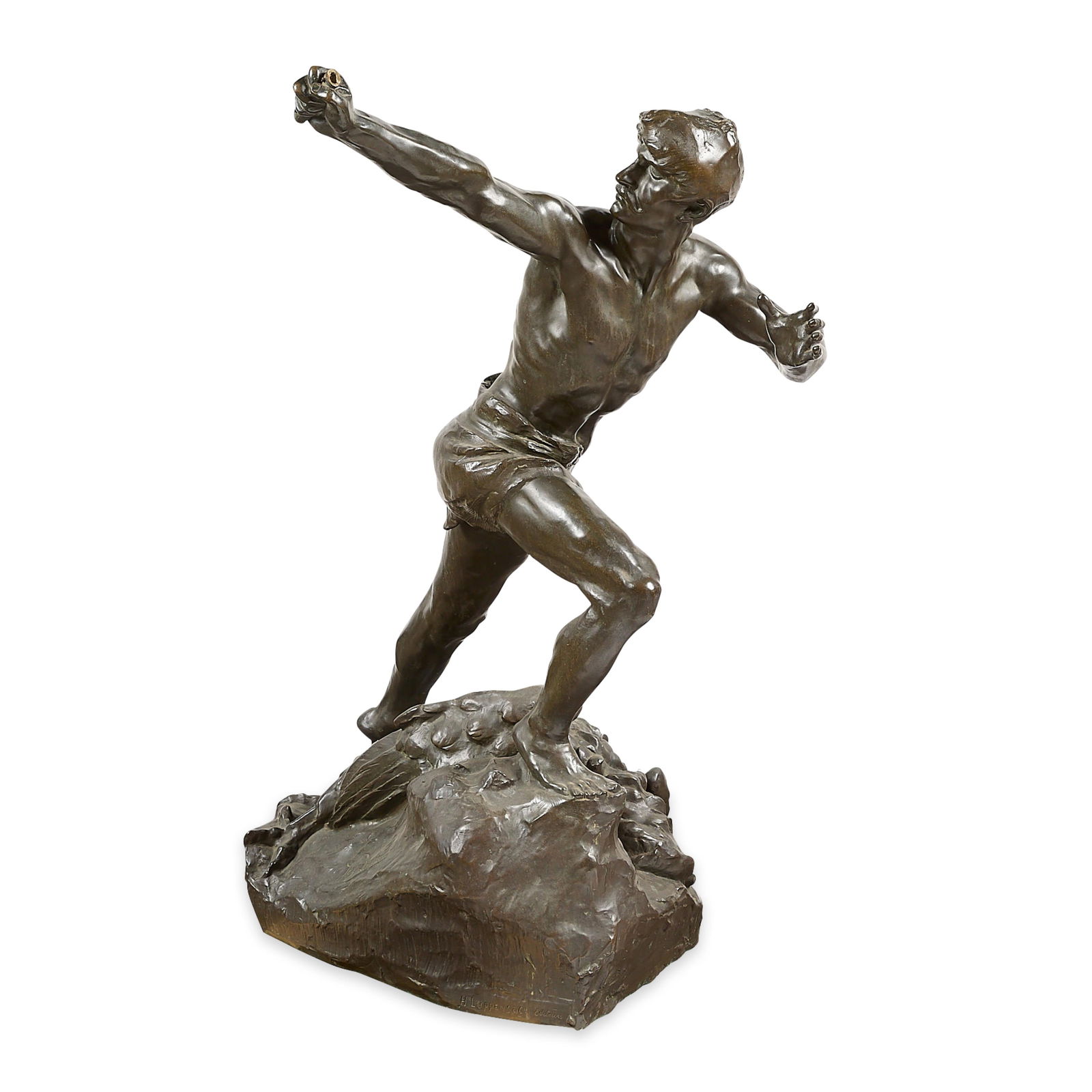 Jef Lambeaux Large Bronze "Archer" Sculpture: Jef Lambeaux (Belgian, 1852-1908). Large patinated bronze sculpture titled "L'Archer," late 19th century. Incised "Jef Lambeaux" along the surface of the rock; incised foundry mark