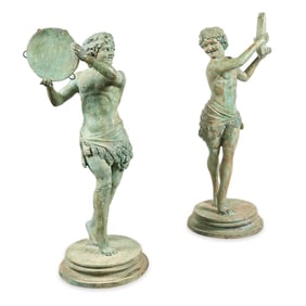 Pr Lrg Bronze Youth w/ Tambourine Sculptures