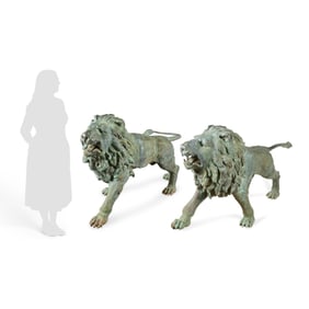 Pair 19th c. Large Copper Lion Garden Sculptures
