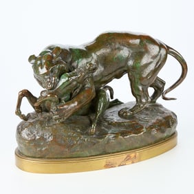 Barye "Tiger Attacking an Antelope" Bronze