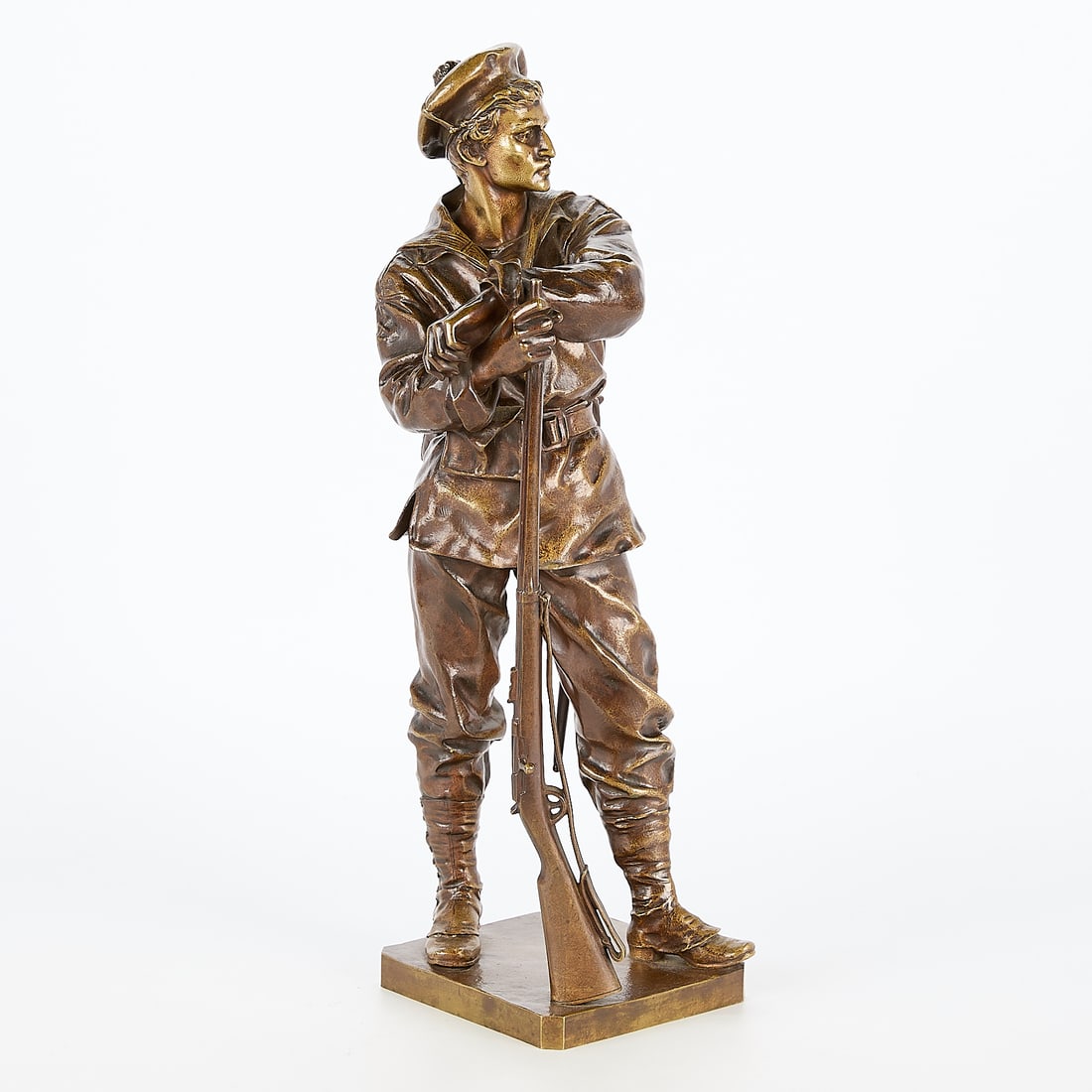 Aristide Onesime Croisy Bronze Sculpture: Aristide Onesime Croisy (French, 1840-1899). Bronze sculpture titled "Le Fusilier Marin" depicting a young soldier leaning on his rifle. Incised "Croisy" along the base. Height: 16 1/2 in x width: 5 i