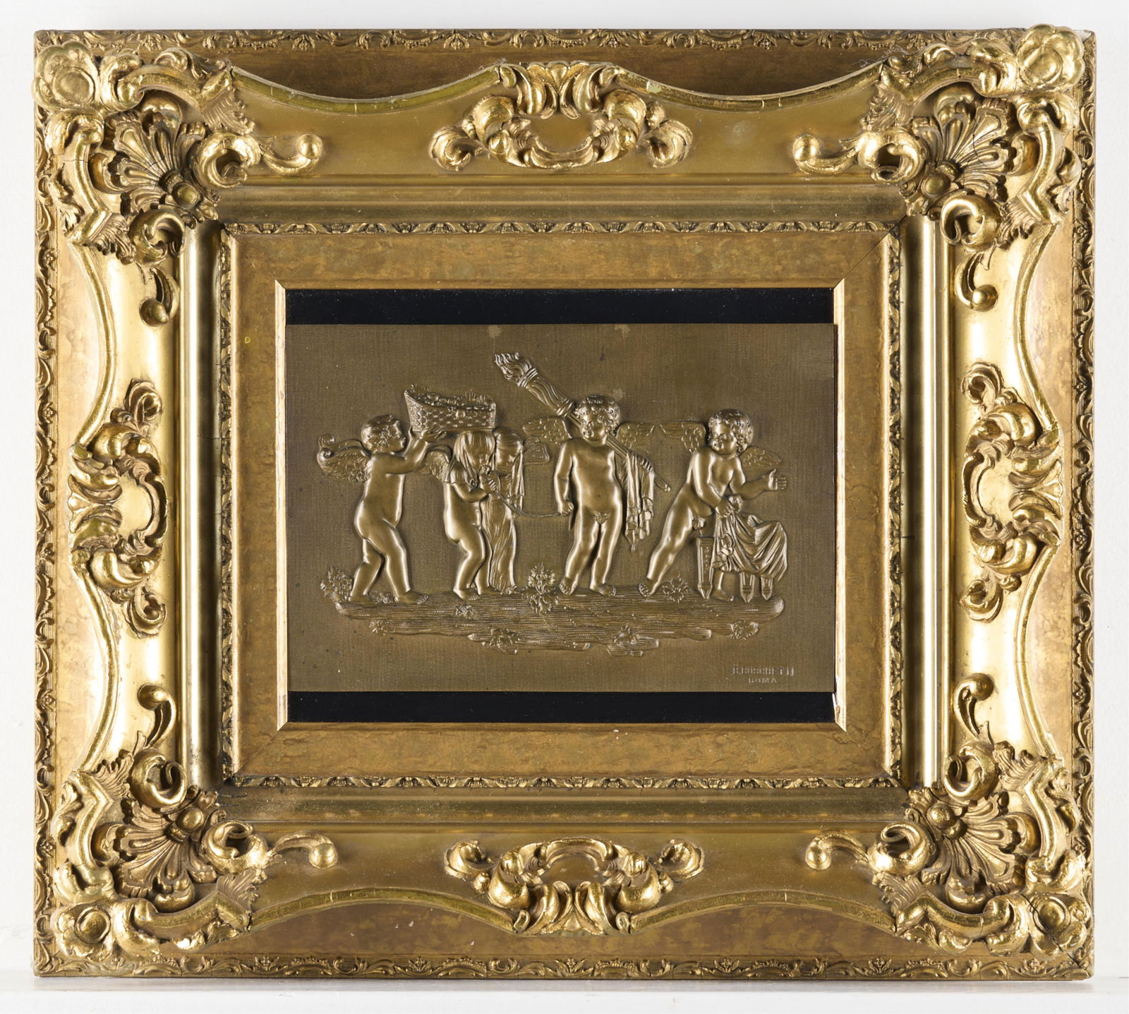 Benedetto Boschetti Cherub Bronze Plaque: Benedetto Boschetti (Italian, 1820-1879). Neo-classical bronze plaque depicting four cherubs. impressed "B. Boschetti Roma" along the lower right.Unframed; height: 6 1/2 in x width: 9 1/2 in