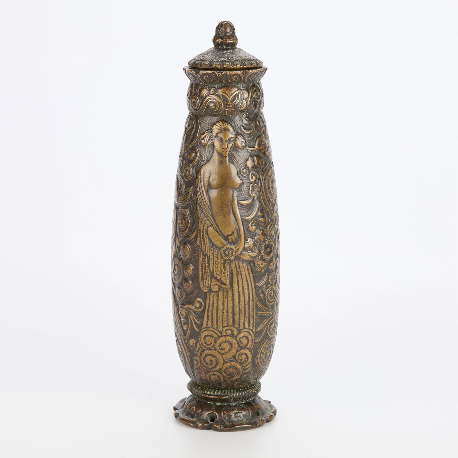 Agustin Riganelli Arte Moderna Bronze Vase: Agustin Riganelli (Argentine, 1890-1949). Bronze vase decorated with a partially nude woman and floral reliefs, ca. 20th century. Signature incised along the underside of the vase. Height: 13 1/2 in x