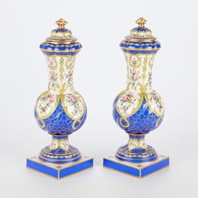 Pair French Porcelain de Paris Lidded Vases