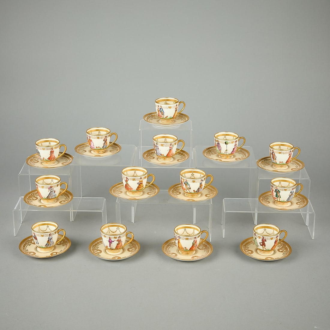 28 Pc Ambrosius Lamm for Dresden Porcelain Tea Set: Ambrosius Lamm (German, 19th-20th century) for Dresden Porcelain, Germany. Set of 28 porcelain dishes comprising a tea set for 14 including 14 tea cups, and 14 saucers, 1930. With profuse raised gilt