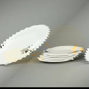 Set 6 Jean Luce French Porcelain Plates: Jean Luce (French, 1895-1964). Set of six glazed porcelain dinner or lunch plates with angular geometric motifs executed in gilt against a white ground, 20th century. Each marked along the underside.D