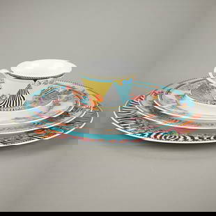 Set 5 Versace for Rosenthal "Hot Flowers" Dishes: Versace for Rosenthal, Germany. Set of five porcelain &quot;Hot Flowers&quot; pattern dishes depicting an eclectic array of floral sprays and zebra motifs against a powder blue ground. Includes one di