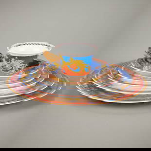Set 6 Versace for Rosenthal "Primavera" Dishes: Versace for Rosenthal, Germany. Set of six porcelain &quot;Primavera&quot; pattern dishes depicting profuse floral sprays and foliate motifs executed in vibrant colors against a red or blue ground. In