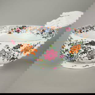 Lrg 18th c. Chinese Famille Rose Porcelain Bowl: Large Chinese Export famille rose porcelain punch bowl, Qing dynasty, 18th century. Featuring colorful floral sprays throughout the exterior with gilt accents. Resting atop a recessed foot. Restored.H