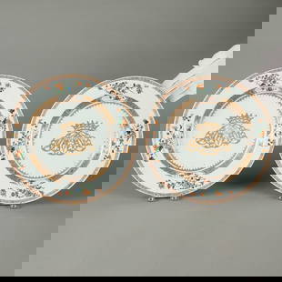 2 18th c. Chinese Export Armorial Porcelain Chargers: Pair of hand-painted Chinese export armorial porcelain chargers or dinner plates, 18th century. With gilt rims and detailing throughout. Decorated with red, yellow, and blue flowers, in addition to gr