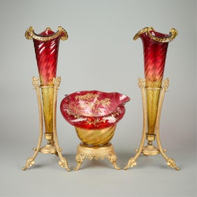 Victorian Ormolu & Amberina Glass Bowl & Epergnes