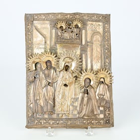 Russian "Mother of God & St. Sergei" Oklad Icon