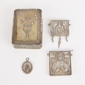 4 Religious Greek Silver Boxes & Russian Icon