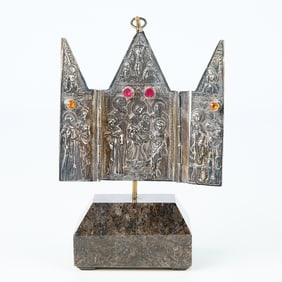 German Silver Triptych with Glass Gems