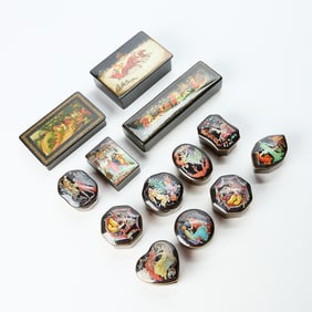 13 Russian Lacquer & Franklin Mint Porcelain Boxes
