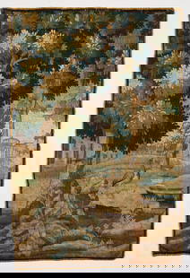 17th c. Landscape Tapestry Poss. Flemish: 17th century woven tapestry, possibly Flemish, depicting a verdant landscape with classical architecture in the background and flowering plants with birds or fowl in the foreground.Height: 6 ft 6 in x