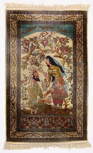 Persian Isfahan Silk Pictorial Rug 5' x 3': Persian or Iranian Isfahan silk pictorial rug, 20th century. Depicting a couple imbibing beneath a branch replete with blossoms and birds. Bordered by repeating bands of geometric and floral motifs. E