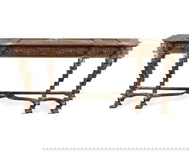 French Louis XIV Style Carved Sideboard Console: Large French Louis XIV style carved wooden console table or sideboard buffet, late 19th-20th century. Featuring an ornately carved frame, three drawers, and cabriole legs on foliate carved square tape