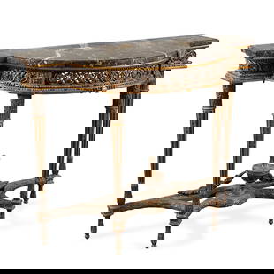 French Louis XVI Style Demi-Lune Console Table: French Louis XVI style carved wood and marble demi-lune console table, late 18th-early 19th century. The apron depicting ornately pierced and carved floral motifs between narrow bands of beaded forms.