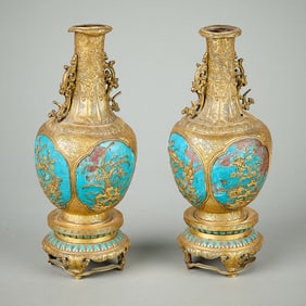 Pair Chinese Bronze Ormolu Enameled Vases