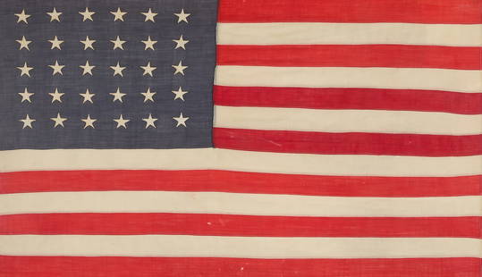 Replica Pre-Civil War Era 30 Star American Flag: Framed reproduction of the Pre-Civil War United States of America 30-star and 13-stripe flag, late 19th to early 20th century. This style flag was in use from July 4, 1848 to July 3, 1851.Sight; heigh
