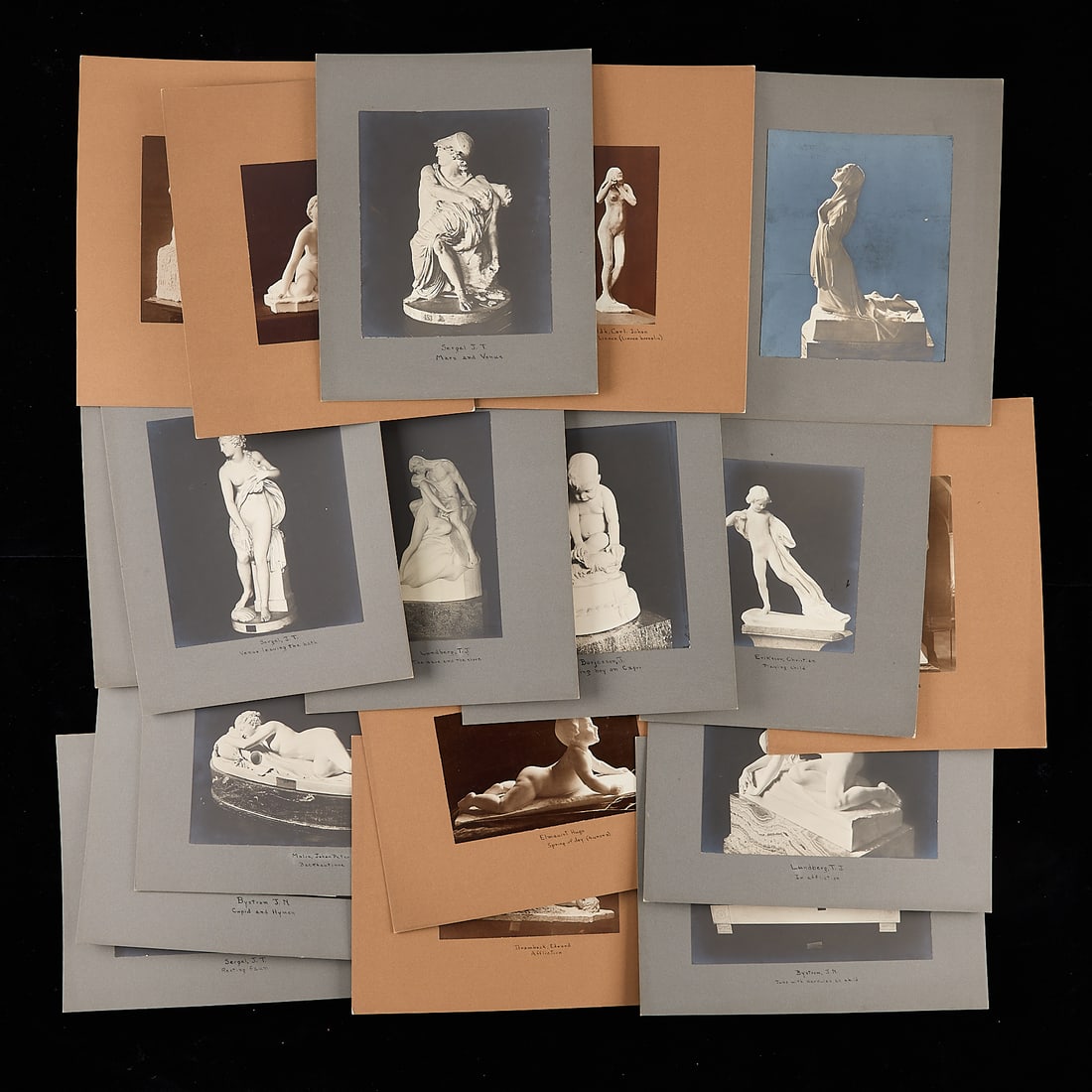 18 Albumen Photos of Marble Sculpture Pre-1906: Group of 18 late 19th to early 20th century albumen photographs depicting marble statues. All with a label along the verso from from the Forbes Library in Northampton, Massachusetts. The labels indica
