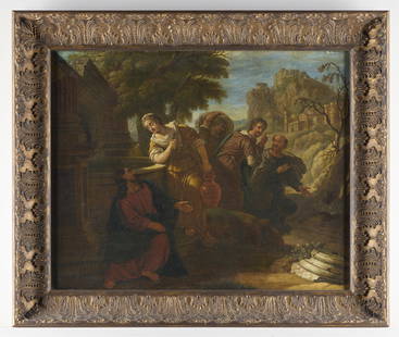 Old Master Dutch School Biblical Painting: Oil on canvas Old Master Dutch School painting. Depicting a scene of figures from antiquity gathered around a well. Likely depicting the Biblical story of Jesus asking for a drink of water from a well