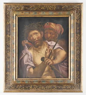 Follower Jan van Hemessen "Christ Mocked" Painting: Follower of Jan Sanders van Hemessen (Flemish, 1500-1566). Old Master oil on panel painting titled &quot;Christ Mocked,&quot; ca. 16th-17th century.Unframed; height: 16 1/4 in x width: 13 1/4 in. Fram
