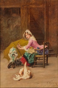 Charles Edouard Delort Genre Painting w/ Cat