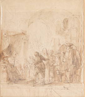 Rembrandt School Old Master Drawing: Follower of Rembrandt, Dutch school Old Master pen and bister drawing depicting Christ before Caiaphas.Provenance: Gebroeders Douwes, Amsterdam, 1969.Sight; height: 9 1/2 in x width: 8 in. Framed; hei