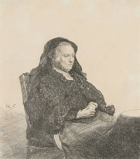 Rembrandt "Artist's Mother Seated" Etching: Rembrandt Harmenszoon Van Rijn (Dutch, 1606-1669). Etching on paper titled &quot;The Artist's Mother Seated at a Table Looking Right: Three-Quarter Length,&quot; ca. 1631.Provenance: Craddock and Barn