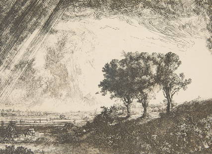 Posthumous Rembrandt "The Three Trees" Etching: Posthumous Rembrandt Harmenszoon Van Rijn (Dutch, 1606-1669). Etching on paper titled "The Three Trees," originally completed 1643, this example likely a later, 19th century reprint.Sight; h