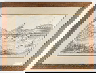Piranesi "Views of Rome" Castel Sant' Angelo Print: Giovanni Battista (Giambattista) Piranesi (Italian, 1720-1778). Engraving on paper titled &quot;Veduta del Ponte e Castello Sant'Angelo (View of the Bridge and Castel Sant'Angelo),&quot; from &quot;Ve