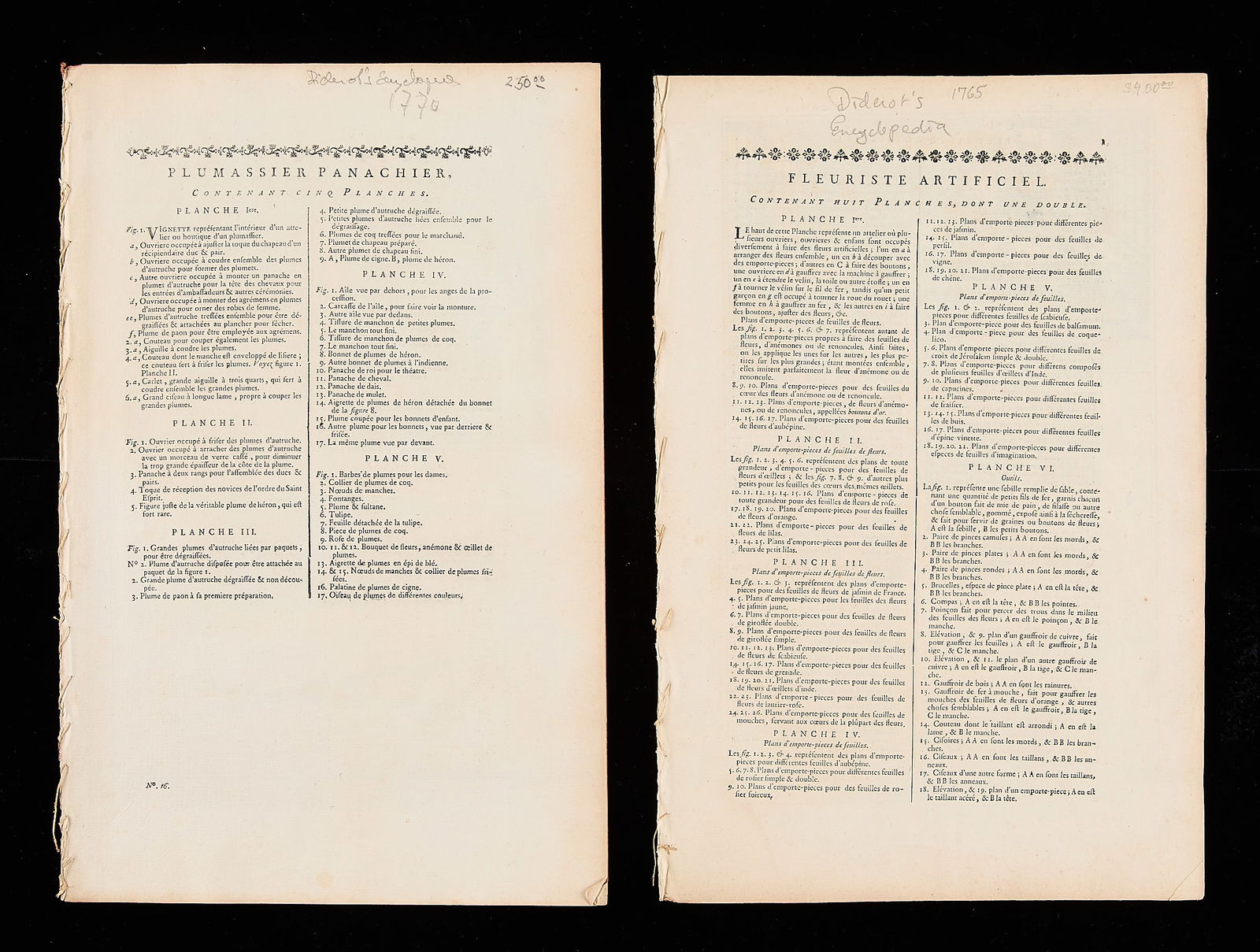 18th c. Diderot Encyclopedie Pages & Plates: Denis Diderot, "Encyclopedie," published between 1751 and 1772, France. Group of fifteen pages including ten plates from 1765 and 1770 editions. Including illustrations of the following: fiv