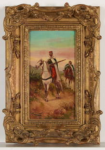 J. Marin Orientalist Horsemen Painting: J. Marin (19th/20th c). Oil on board Orientalist painting titled "Moorish Horsemen" depicting two figures on horseback in a landscape. Signed along the lower left and inscribed "Tangier