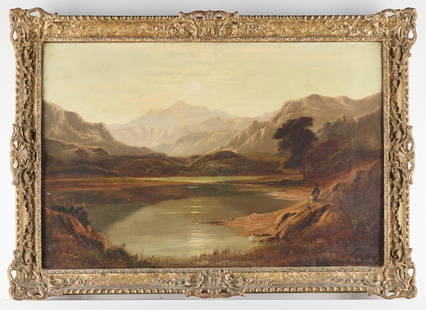 Charles Leslie Romantic Landscape Painting 1880s: Charles Leslie (English, 1835-1890). Oil on canvas romantic landscape painting, ca. 1880s. Depicting a solitary angler with a fishing rod and basket on the shores of a lake in a mountainous landscape,