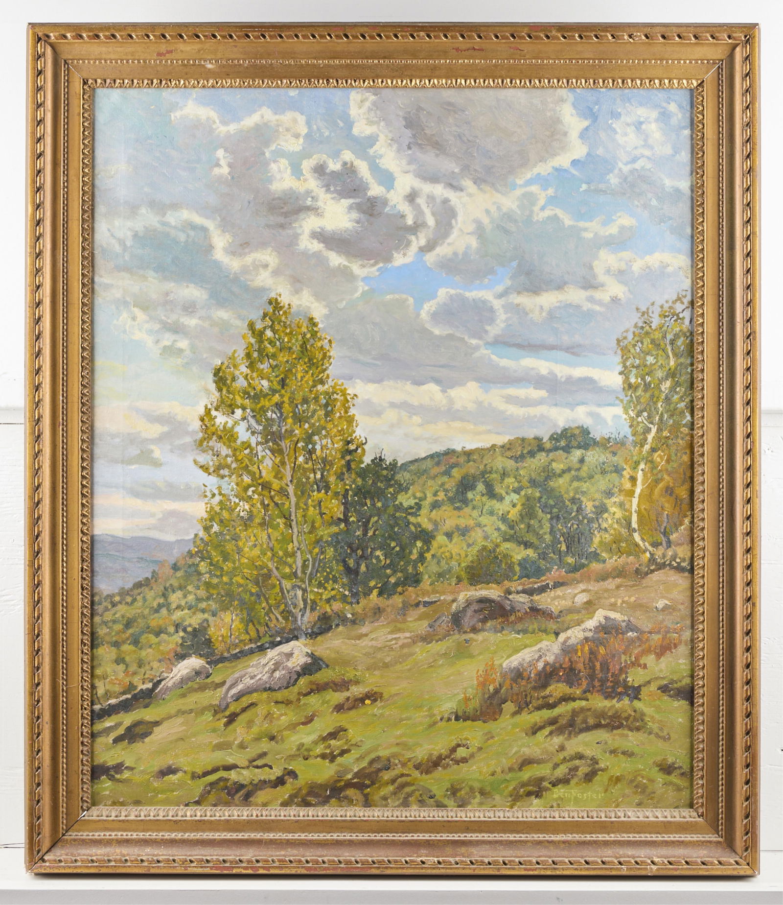 Ben Foster Landscape Painting: Ben Foster (American, 1852-1926). Oil on canvas landscape painting depicting a peaceful verdant hillside. Signed along the lower right.Unframed; height: 36 in x width: 30 in. Framed; height: 42 in x w