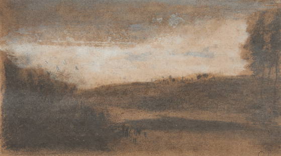 Poss. Camille Pissarro Landscape Drawing: Possibly Camille Pissarro (French, 1830-1903). Impressionist pastel on paper landscape drawing. Initialed C.P. along the lower right.Sight; height: 4 1/2 in x width: 7 3/4 in. Framed; height: 14 in x