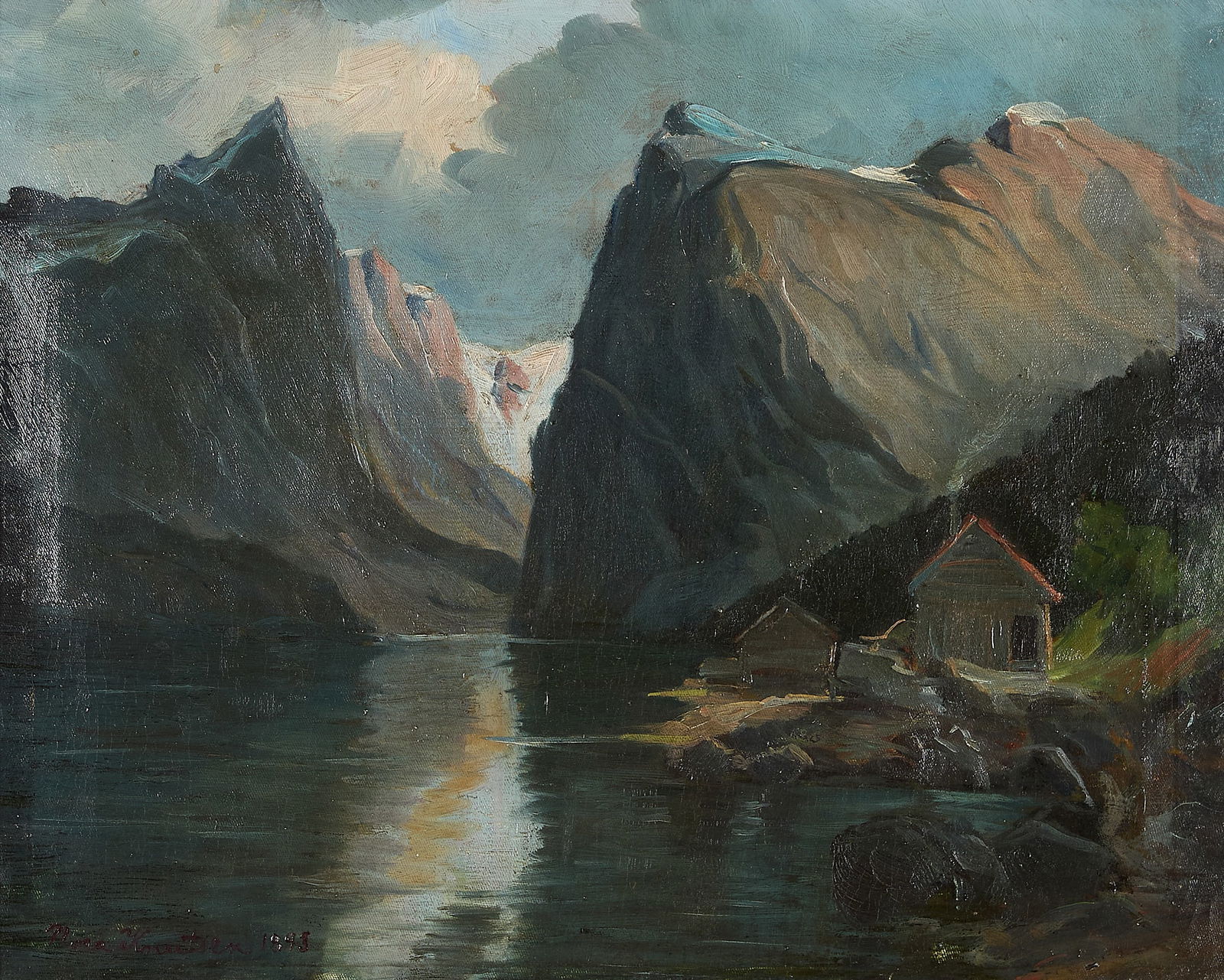 Norwegian Fjord Painting Signed Knutsen 1893: Oil on canvas Norwegian landscape painting depicting a fjord, 1893. Signed "[illegible] Knutsen" and dated along the lower left.Sight; height: 16 1/4 in x width: 20 in. Framed; height: 24 1/