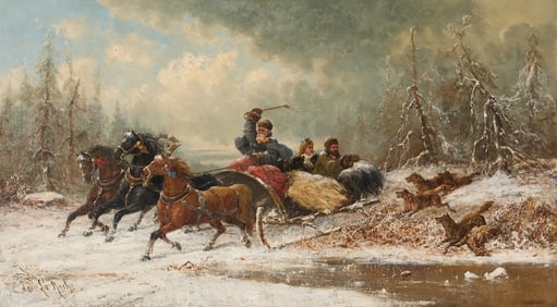 Charles Ferdinand de la Roche Wolf Attack Painting