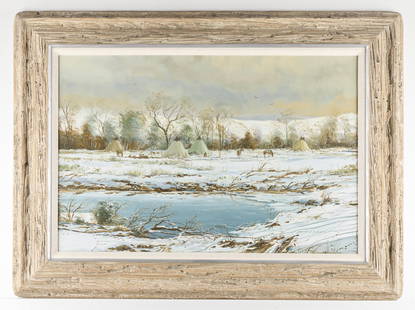 Thomas deDecker "Native Winter Camp" Painting: Thomas deDecker (American, b. 1951). Oil on board landscape painting titled "American Native Winter Camp," depicting a snowy landscape with tipi and grazing horses. Signed along the lower ri