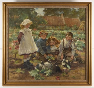 David Fulton "Children with Rabbits" Oil Painting