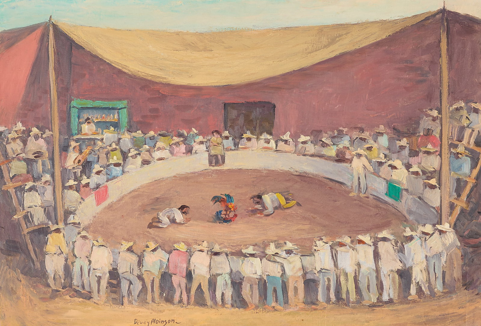 Dewey Albinson Cock Fight Painting: Ernest Dewey Albinson (American, 1898-1971). Oil on canvas painting depicting a scene of cock fighting. Signed along the lower left. Lot Essay: Dewey Albinson was born in Minneapolis, Minneapolis Marc