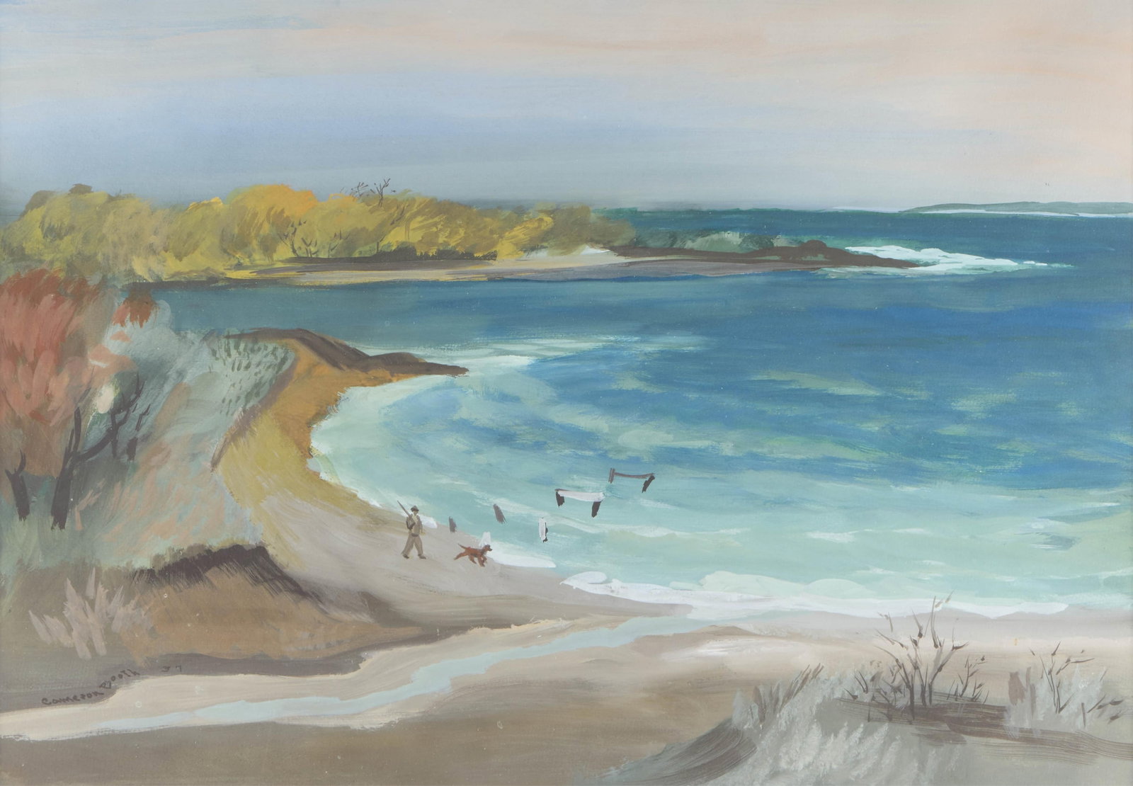 Cameron Booth Seascape Painting 1937: Cameron Booth (American, 1892-1980). Gouache on paper painting depicting a seaside landscape painting, 1937. Signed and dated along the lower left. Sight; height: 15 in x width: 21 1/2 in. Framed; hei