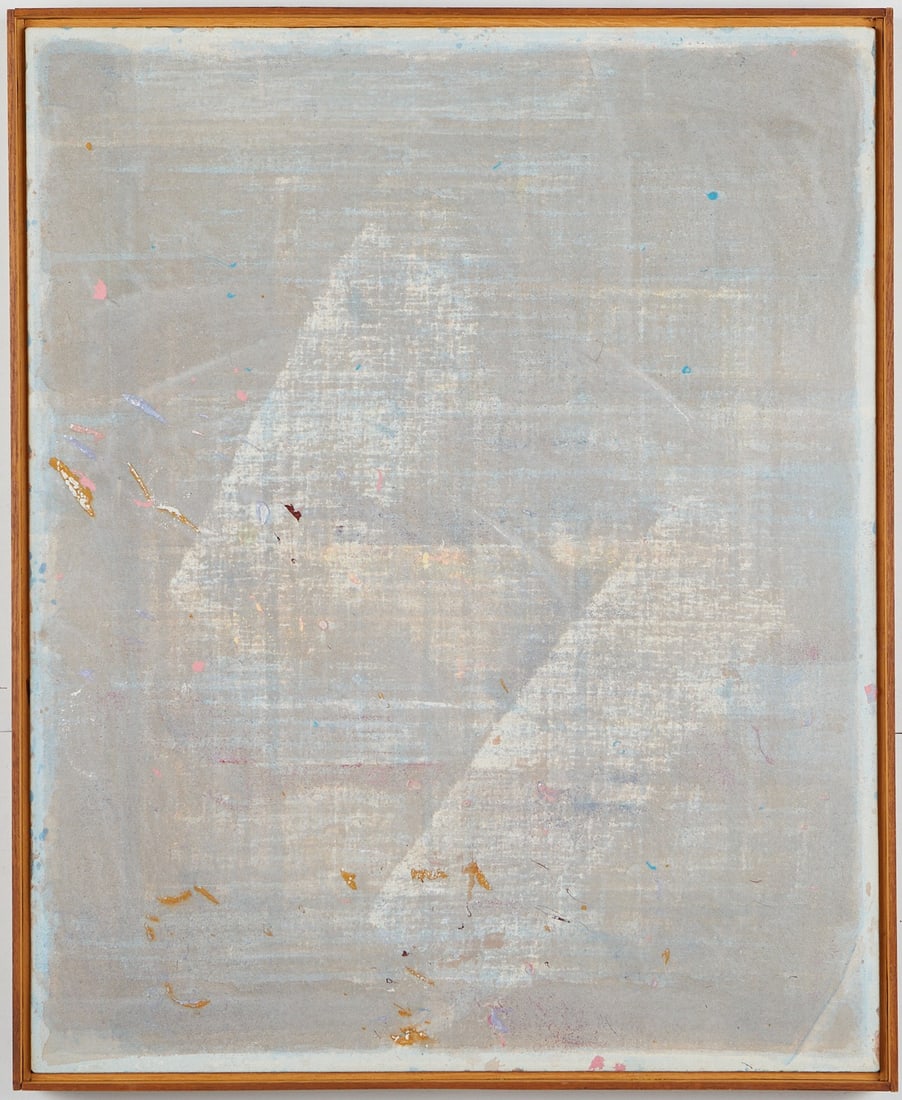 R.J. Slowinski Abstract Acrylic on Canvas: Ronald (R.J.) Slowinski (American, 1932-2023). Acrylic on canvas abstract painting in gray and blue. Signed and dated 1979 along the verso. Provenance: Distinguished corporate collection, Minnesota. U