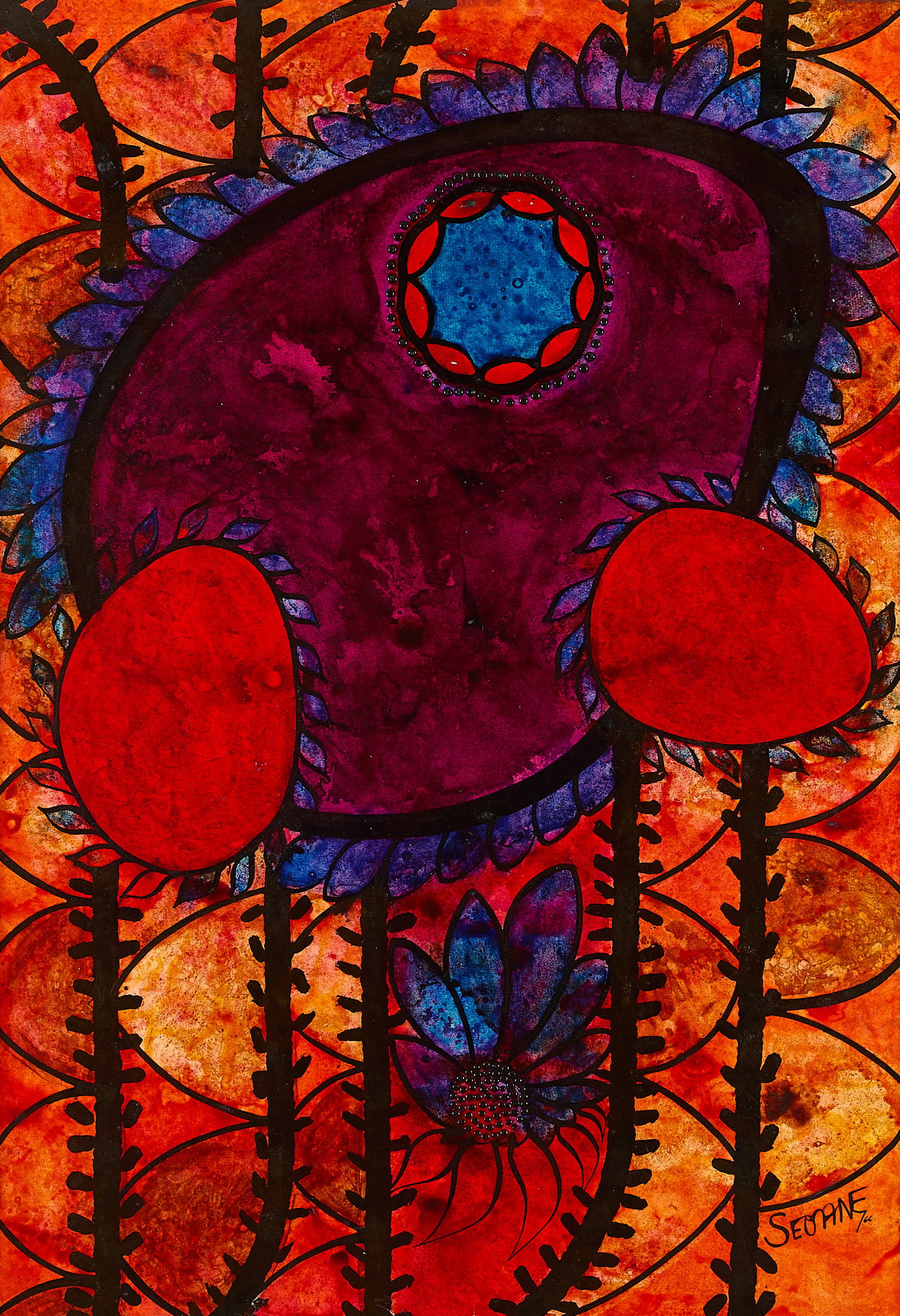 Nilson Seoane "Sinfonia de Flores" Painting: Nilson Seoane (Brazilian, 1930-1987). Mixed media on board painting titled "Sinfonia de Flores," 1966. Signed and dated along the lower right; titled along the verso. Unframed; height; 39 1/4 in x wid
