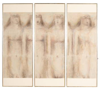 Jamali "Three Standing Figures" Triptych 1980: Jamali (Pakistani/American, b. 1944). Ground pigment on Swiss cotton paper triptych titled &quot;Three Standing Figures,&quot; 1980. With a label from Jamali Art and Peace Inc. affixed to the verso of