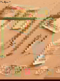 Alain Dequet Trompe L'oeil Painting: Alain Dequet (French, 1920-1980). Oil on canvas trompe l'oeil painting depicting everyday items such as money, stamps, and a key tacked to a board. Signed along the upper left.Sight; height: 12 in x w