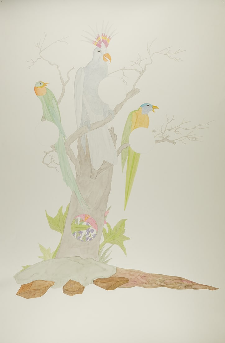 Ed Baynard "Rainforest Evening" Watercolor 2005: Ed Baynard (American, 1940-2016). Watercolor on paper painting titled "Natural Histories: Rainforest Evening" depicting three colorful birds or parrots sitting on a tree stump, 2005. Signed,