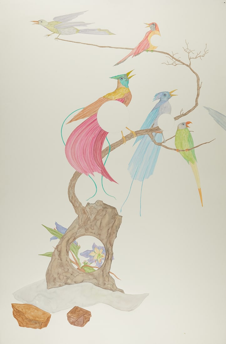 Ed Baynard "Rainforest Morning" Watercolor 2005: Ed Baynard (American, 1940-2016). Watercolor on paper painting titled "Natural Histories: Rainforest Morning" depicting colorful birds sitting on a tree stump, 2005. Signed, dated, and title